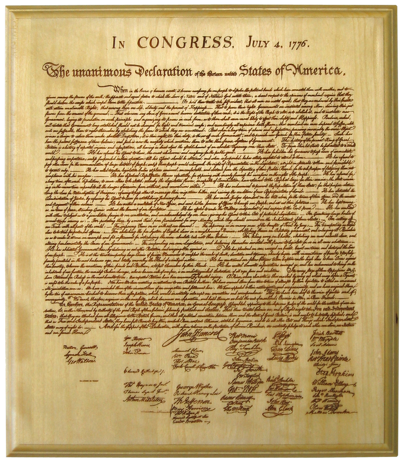 Declaration of Independence, engraved in wood